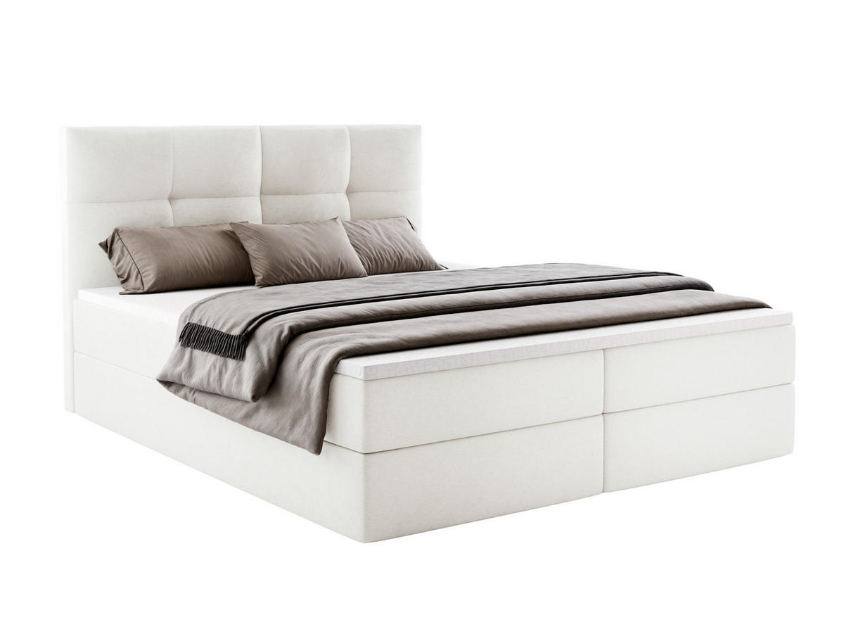 BOXBETT MORENO mit Bettkasten 180x200 cm inkl. Bonell-Federkernmatratze H3 und Topper – Polsterbett Stoff ASTI Weiß - Weiß, Textil (180/200cm) - Luxkor24