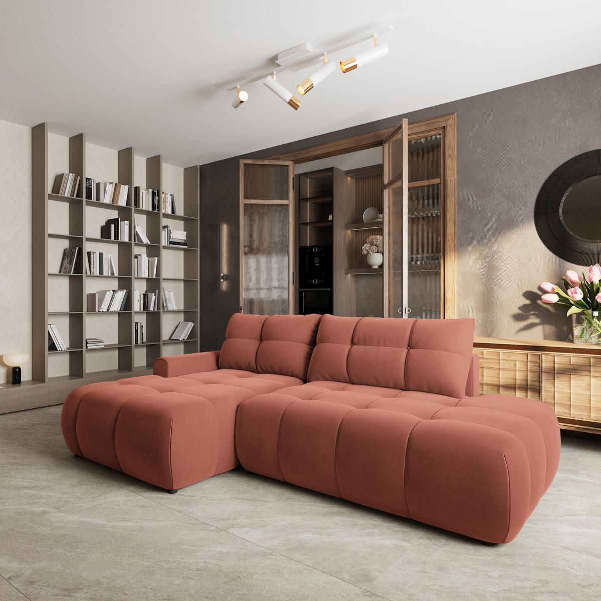 ECKSOFA FLUMA CL L-S Koralle Samtstoff mit Schlaffunktion - Koralle, Holzwerkstoff/Textil (279/158cm) - MASSENO