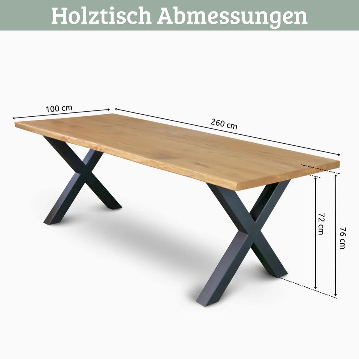 ESSTISCH Massivholz mit Baumkante RAGNAR 260x100 cm Eichenholz X-Hora Gestell - Braun, Holz/Metall (100/260/76cm) - DELUKE