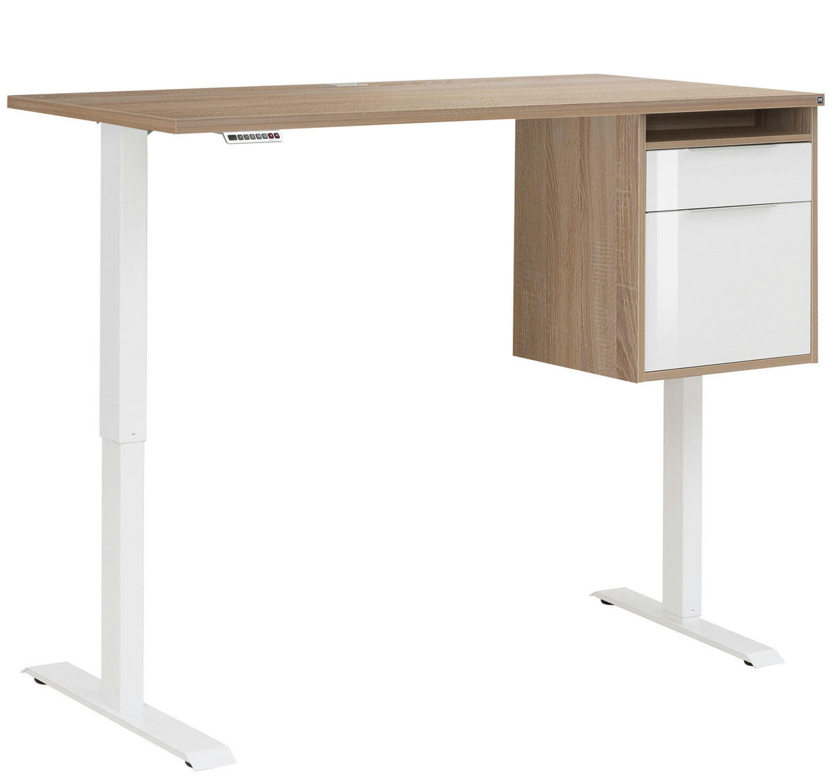 SCHREIBTISCH mit Hängecontainer Weiß und Eiche Sonoma 150x80cm, elektrisch höhenverstellbar – von MAJA Möbel – Container rechts - Weiß, Holzwerkstoff (80/150/70.5cm)