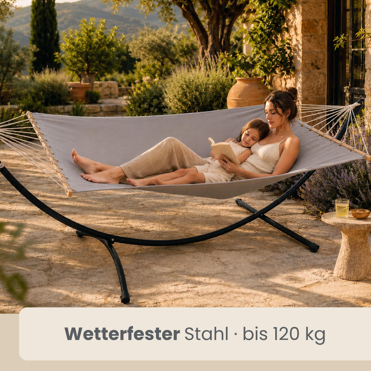 DOPPEL-HÄNGEMATTE mit Gestell bis 120kg, 200/120cm, Grau - Grau, Metall (100/90/300cm) - Amanka