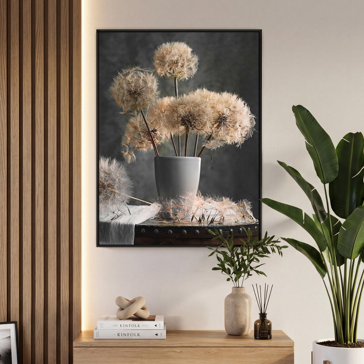 LEINWAND Bilder mit Rahmen - Blumensamen - Löwenzahn - Vase - Stilleben - Blumenstrauß - 70x100 - Dunkelgrau, Textil (70/100cm) - MuchoWow