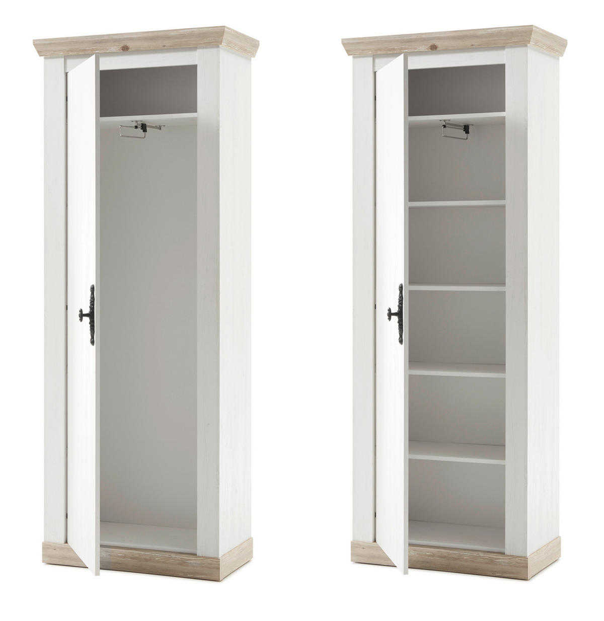 GARDEROBENKOMBINATION Pinie weiß, Oslo Pinie Landhaus, Garderobe Set 3-tlg., 190 x 201 cm - Anthrazit/Weiß, Holzwerkstoff/Metall (190/201/45cm) - Furn.Design