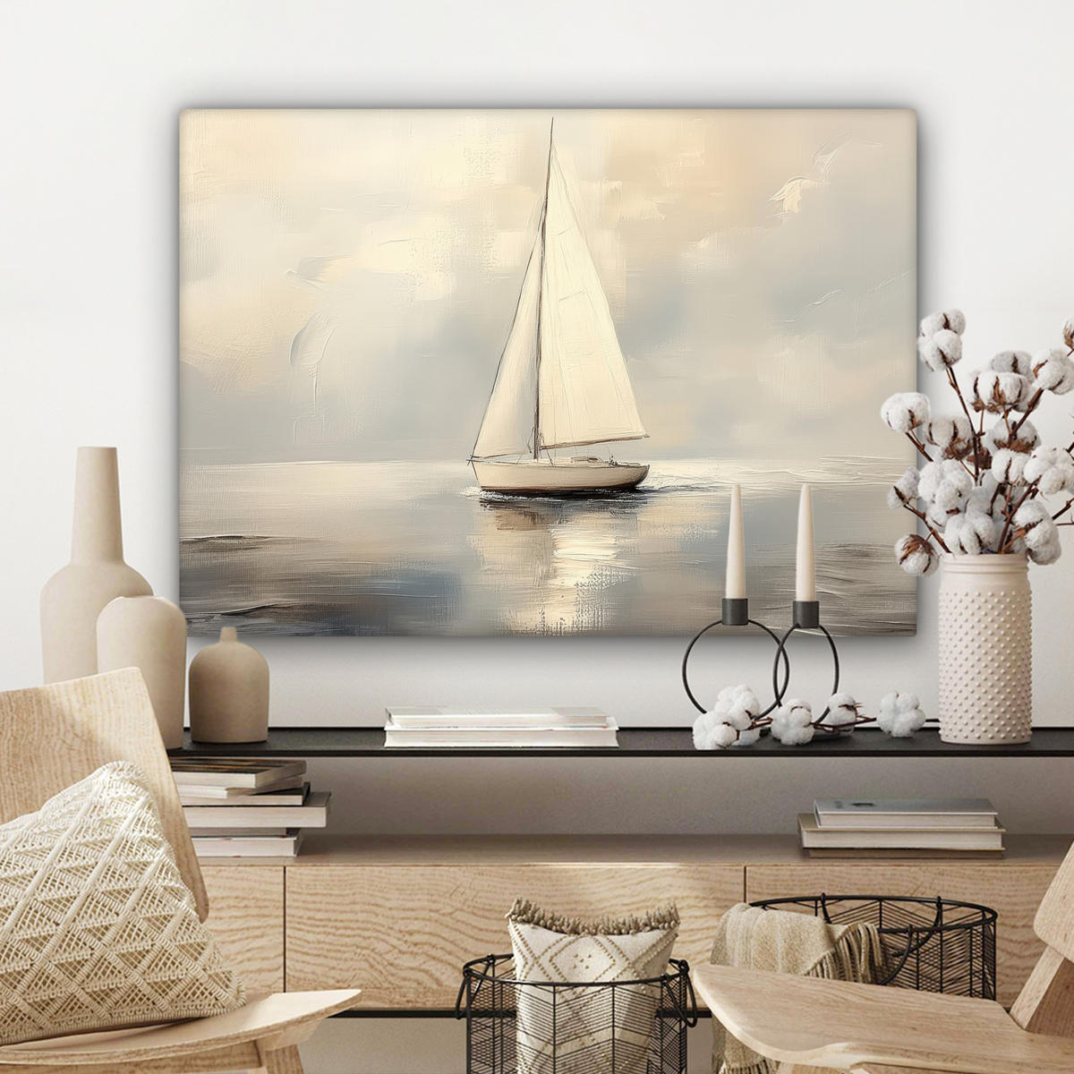 LEINWANDBILD Segelschiff - Meer - Bewölkt Wandbilder 80x60 cm - Creme, Textil (80/60cm) - MuchoWow