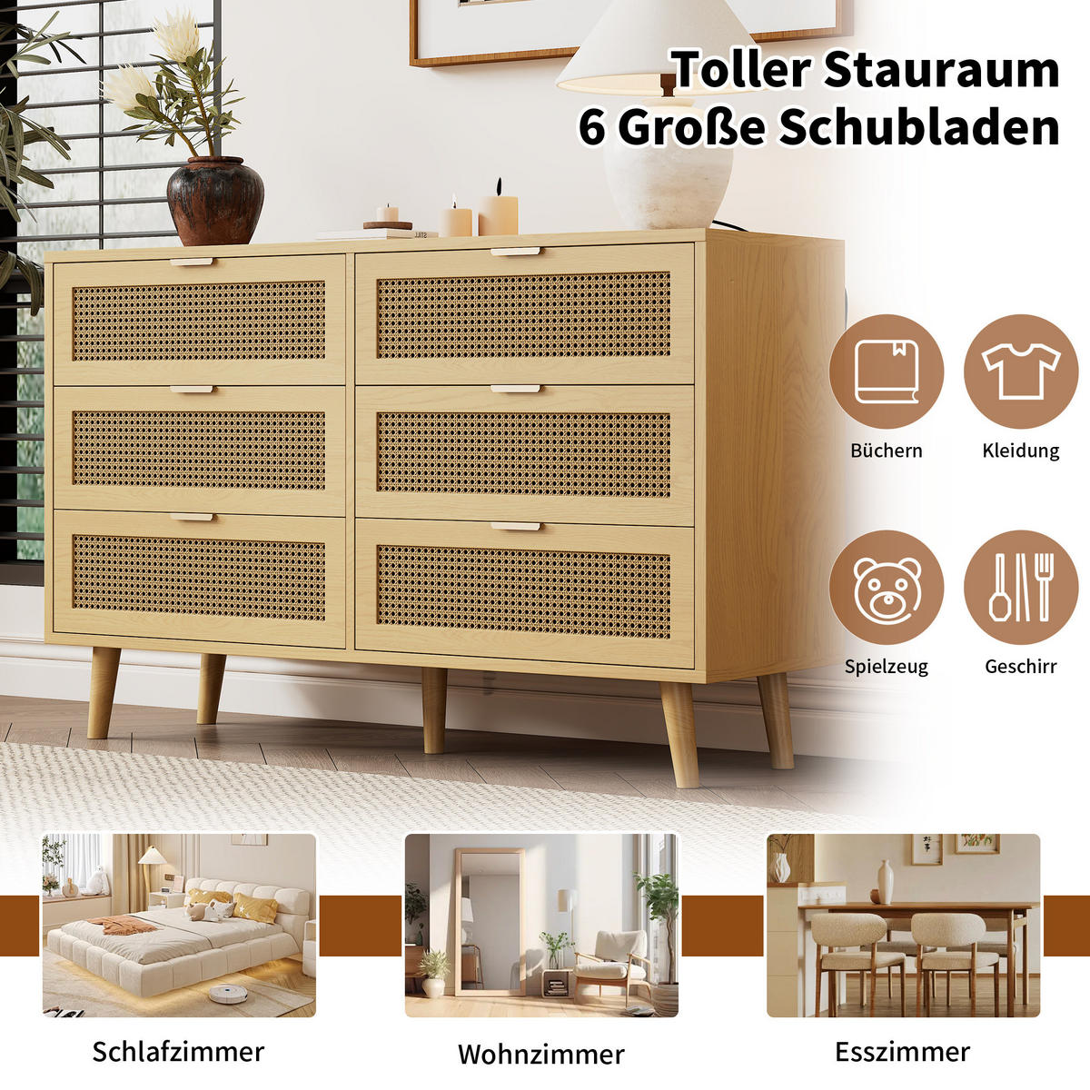 KOMMODE mit 6 Schubladen Holz Sideboard 120x40x76.5cm - Eichefarben, Holzwerkstoff (40/76.5/120cm) - FLIEKS