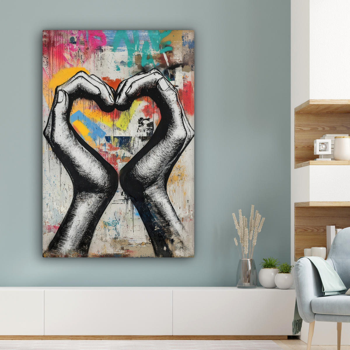 LEINWANDBILD - Hände - Herz - Straßenkunst - Graffiti - 80x120 - Wanddeko - Multicolor, Textil (80/120cm) - MuchoWow