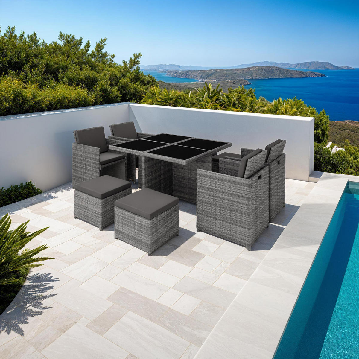 RATTAN SITZGRUPPE Manhattan,2 Bezugssets, zusammenschiebbar, inklusive Schutzhülle,grau - Grau, Kunststoff - tectake