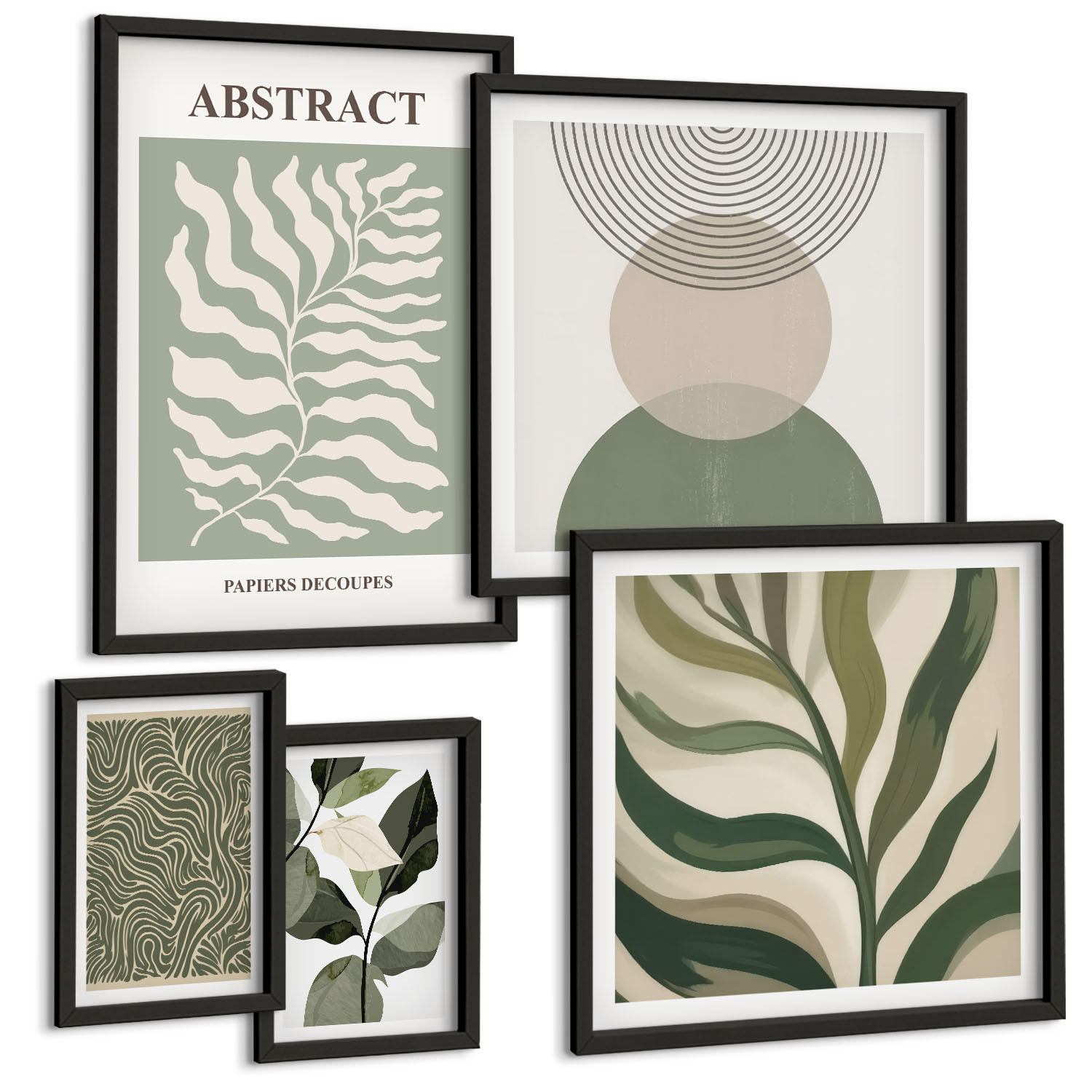BILDER SET 5er Set - 50x50 cm & 20x30 cm & 40x60 cm Schwarzer Rahmen - Blätter geometrische Formen abstrakt - Schwarz, Kunststoff (40/60cm) - TULUP