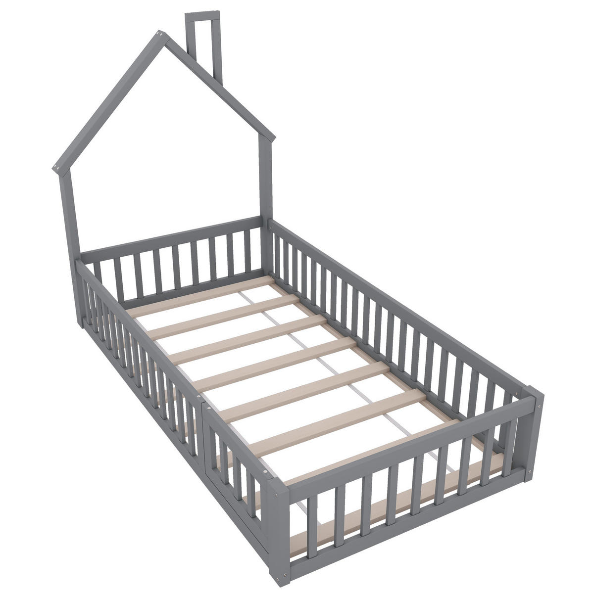 KINDERBETT in Hausform mit Rausfallschutz 90x200 cm Grau - Grau, Holzwerkstoff (90/200cm) - Beauniv