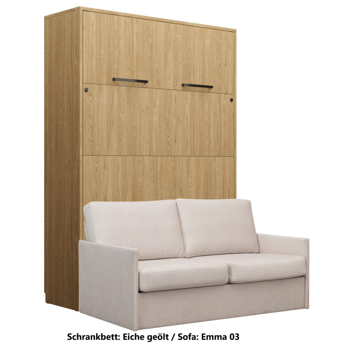 SCHRANKBETT Wandbett GN 140x200 eiche geölt mit LED & Sofa - Beige - Eichefarben/Beige, Holz/Holzwerkstoff (140/200cm) - QMM TraumMöbel