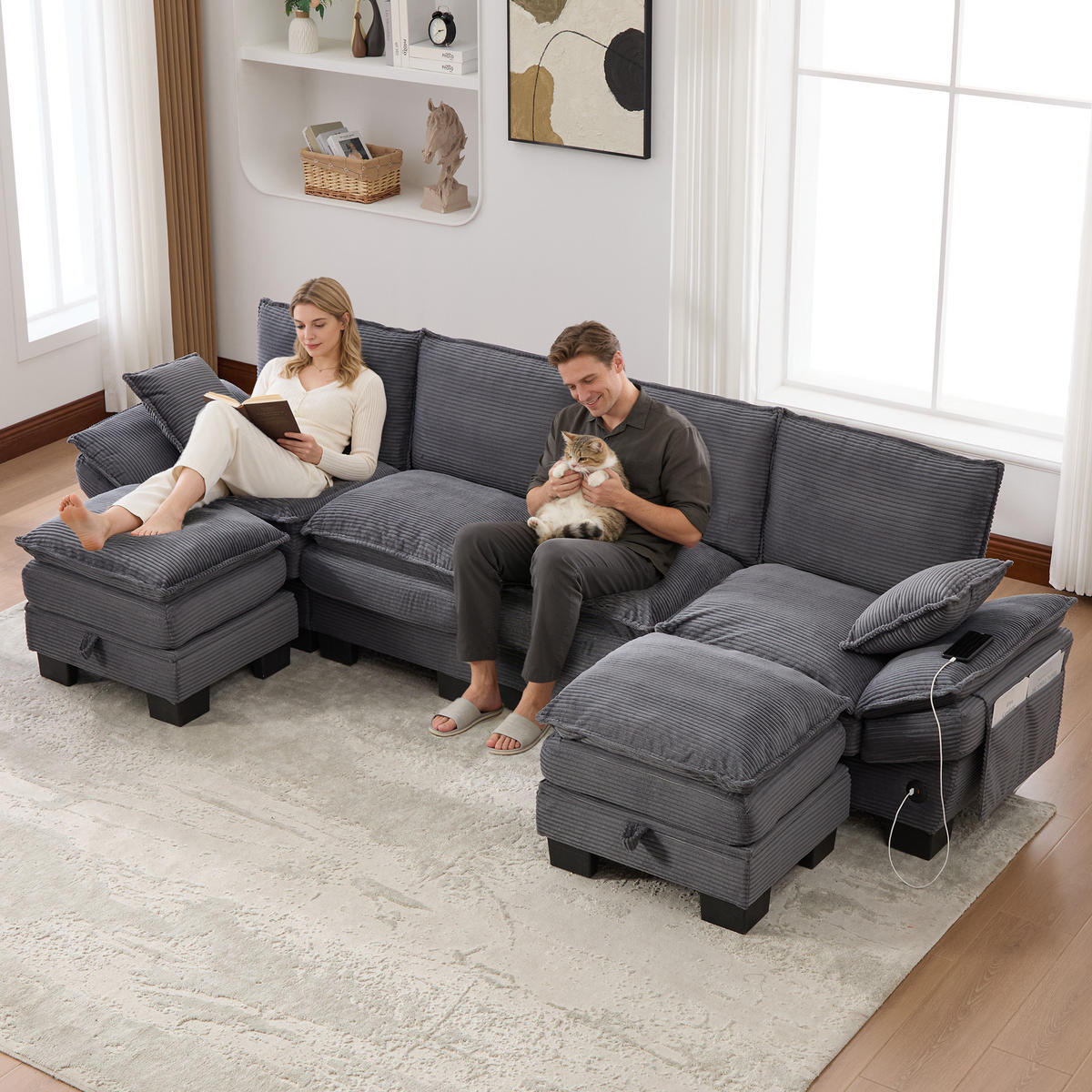 WOHNLANDSCHAFT Cord Dunkelgrau mit 2 Hockern, USB-C und Seitentaschen - Dunkelgrau, Holzwerkstoff/Kunststoff (330/84/132cm) - WISHDOR