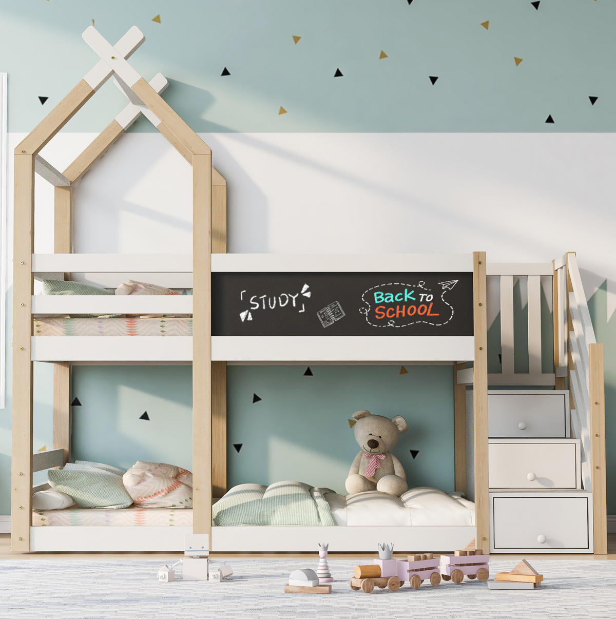 ETAGENBETT 90/200 cm Weiß Baumhaus Design mit Tafel und Rausfallschutz - Weiß, Holzwerkstoff (90/200cm) - OKWISH