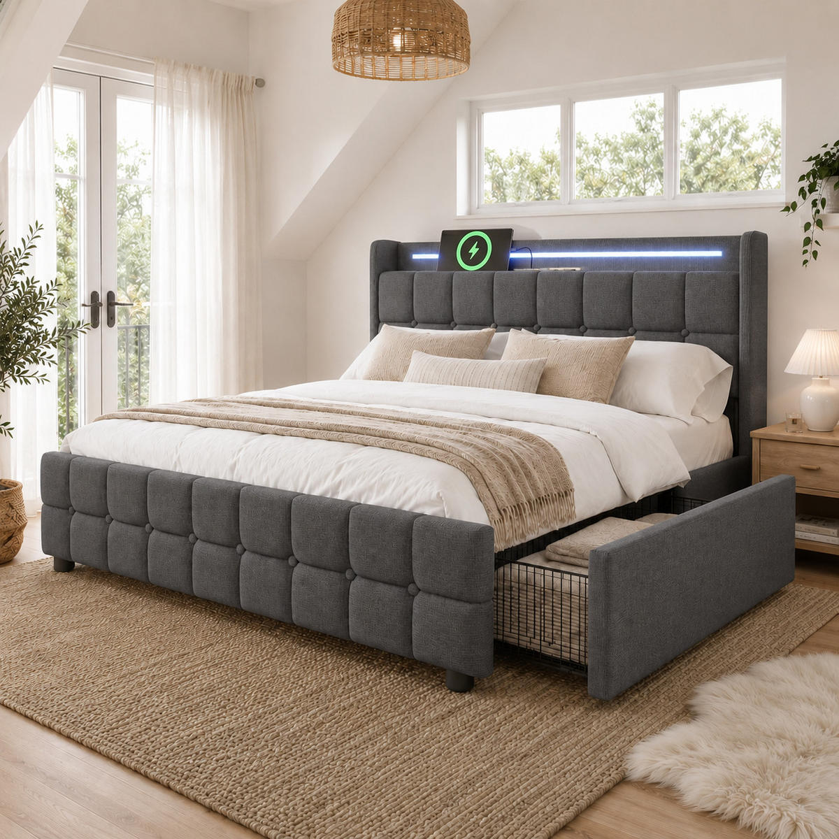 POLSTERBETT 160/200 cm Grau mit LED-Beleuchtung und 2 Schubladen, Ohne Matratze - Grau, Holz/Textil (160/200cm) - Oxeza