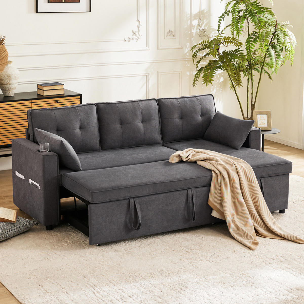 SOFA L-Form Schlaffunktion Stauraum Getränkehalter Austauschbar Modern - Grau, Holz (74/44/62cm) - FLIEKS