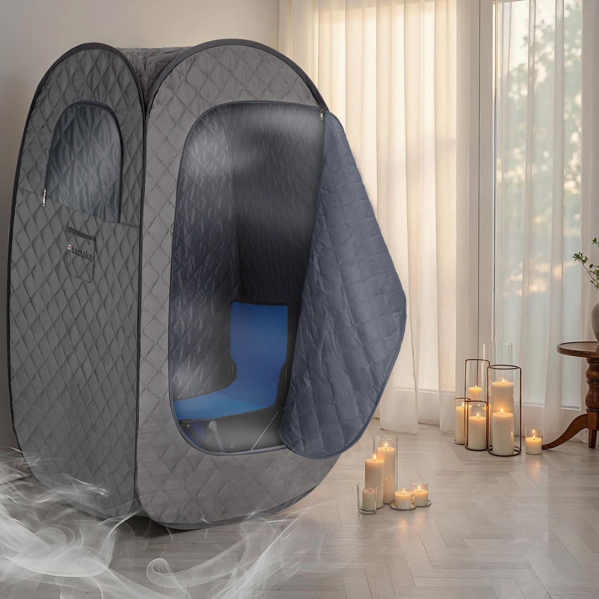 MOBILE DAMPFSAUNA Thermaluxe I,inkl. Fernbedienung, Matte, Klappstuhl und Tragetaschen,dunkelgrau/schwarz - Dunkelgrau/Schwarz, Kunststoff (84/145/84cm) - tectake