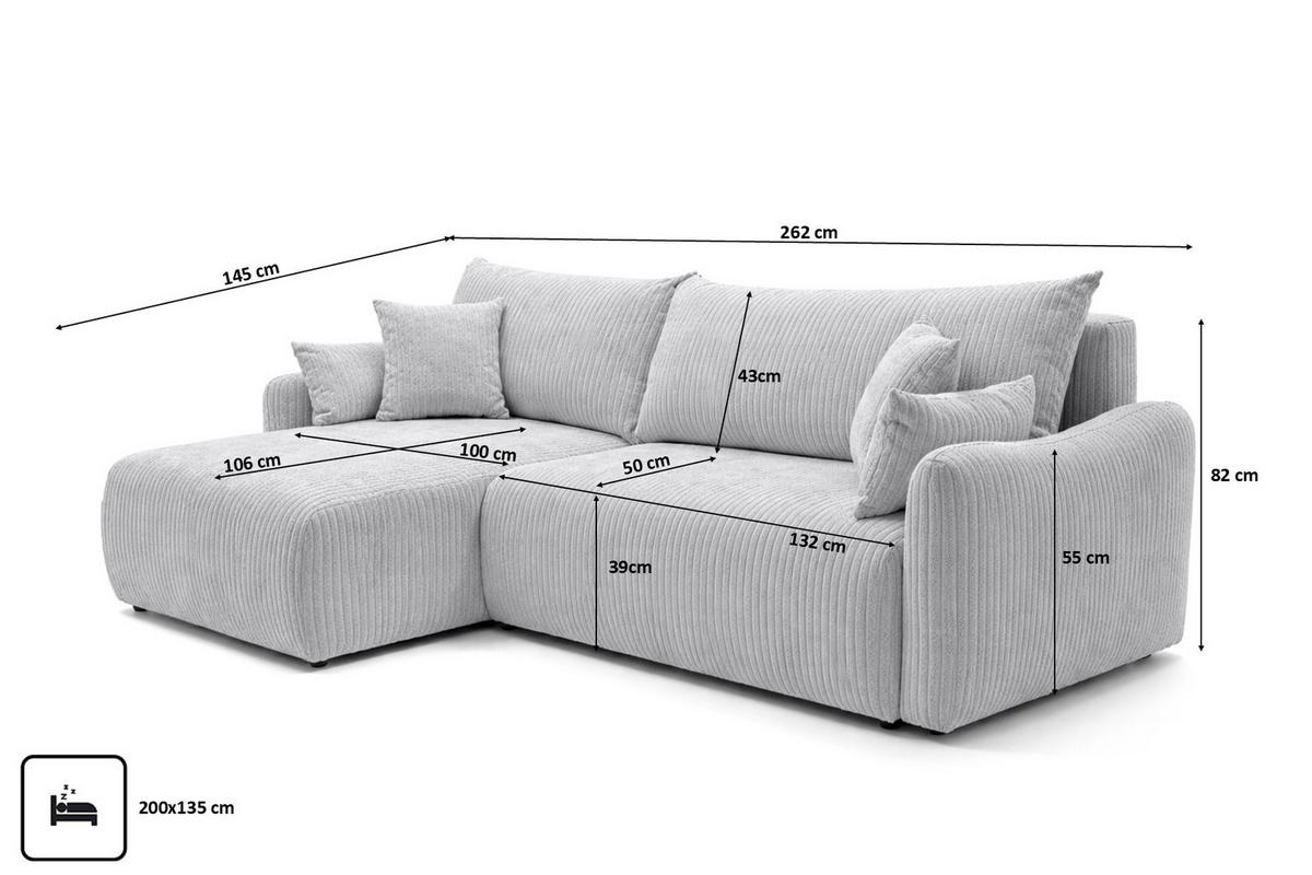 ECKSOFA Mit Schlaffunktion, Cordstoff Poso, Hellgrau, Links, JAPANDI - Hellgrau, Holz (262/145cm) - Kaiser Möbel