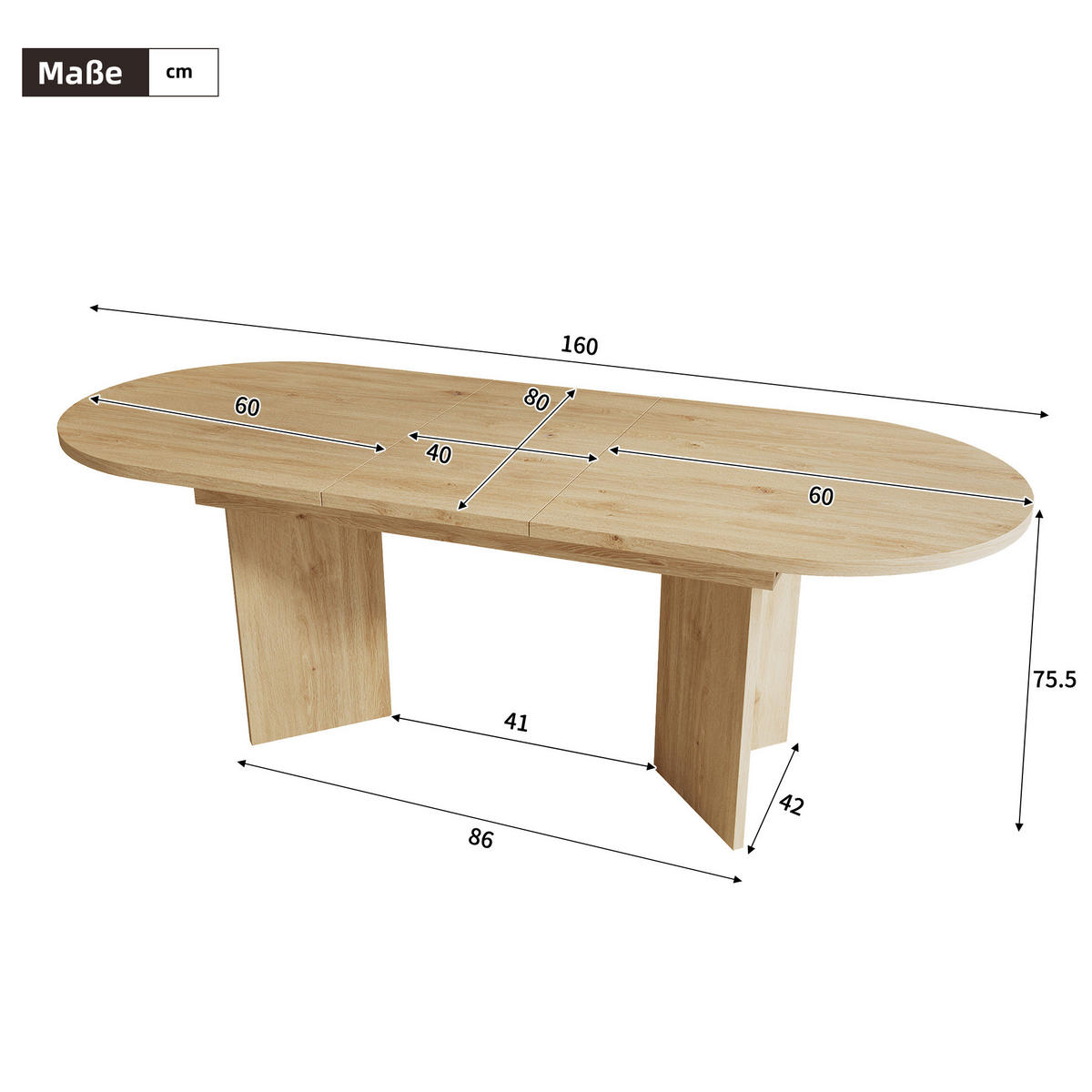ESSTISCH Ausziehbarer 120/80/75 cm eichefarben aus MDF mit Klappauszug - Eichefarben, Holzwerkstoff (160/80/75cm) - OKWISH