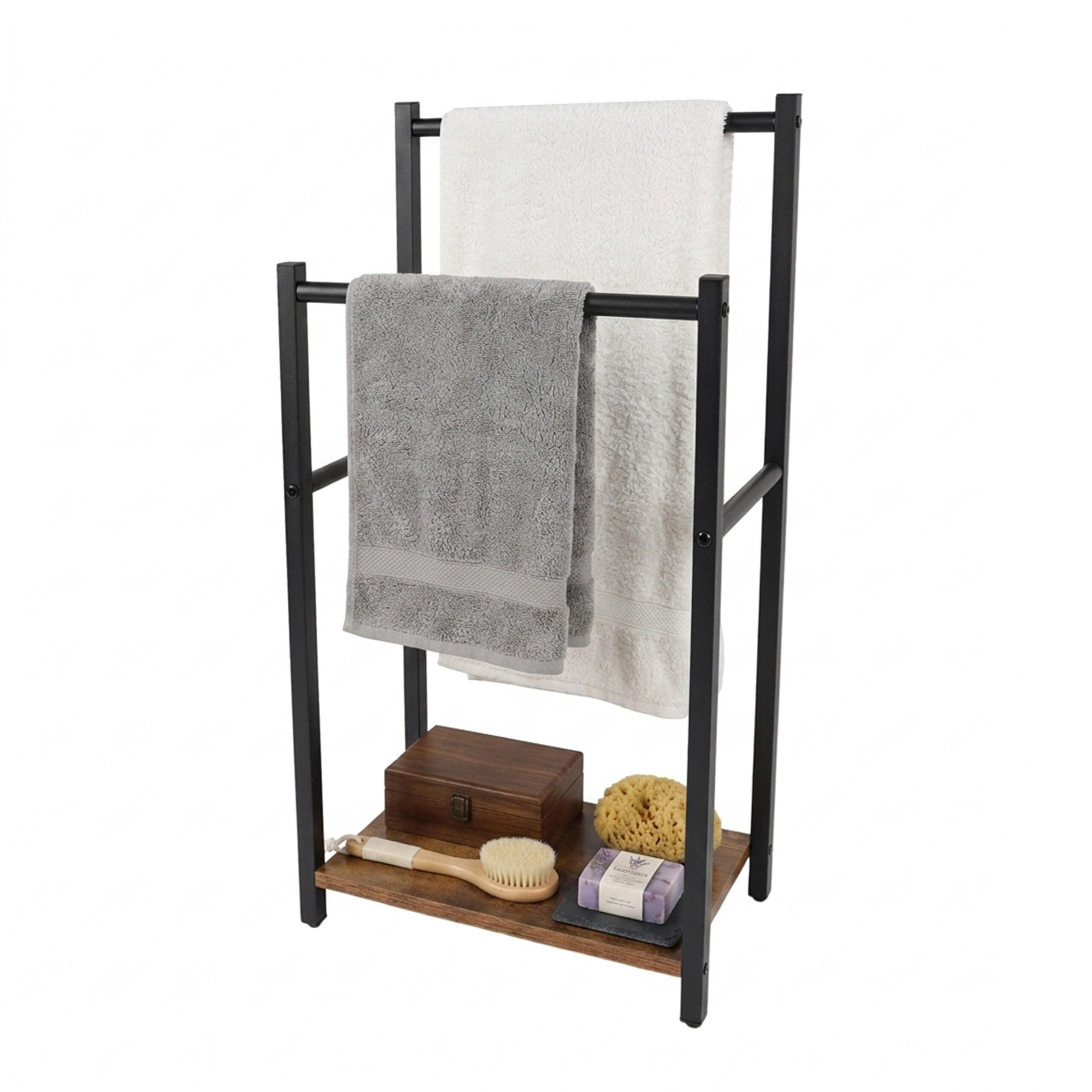 HANDTUCHSTÄNDER Vintagebraun Holzoptik mit Ablage 80x42x24 cm - Schwarz/Braun, Holzwerkstoff/Metall (42/80/24cm) - Relaxdays