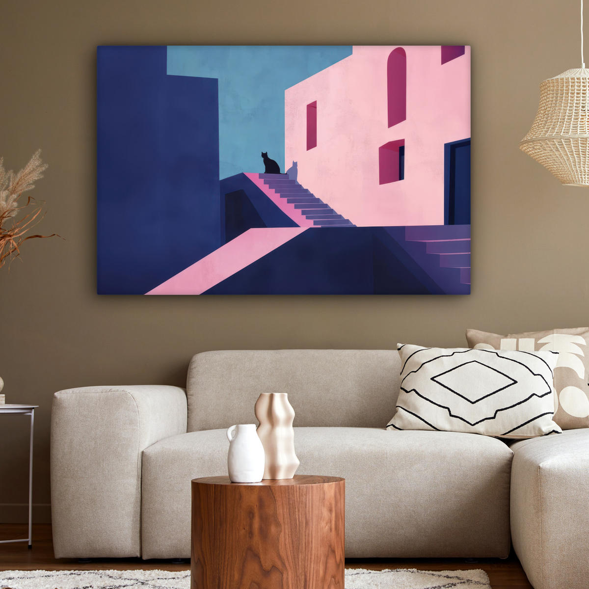 LEINWANDBILD Katze - Treppe - Gebäude - Schattenkontraste Wohnzimmer Groß 120x80 cm - Dunkelblau, Textil (120/80cm) - MuchoWow