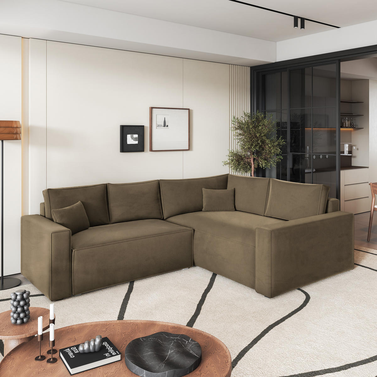 ROHOVÁ SEDAČKA ERONIS béžová - šedá/béžová, dřevo/textil (265/194cm) - MASSENO