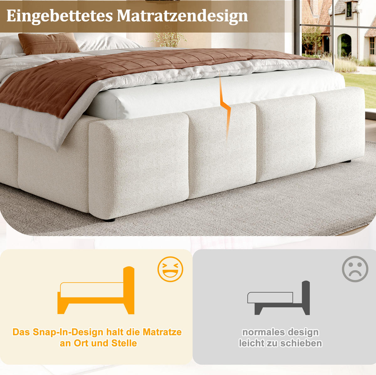 POLSTERBETT 180/200 cm Beige aus Bouclé mit Lattenrost - Beige, Textil - OKMYHOME