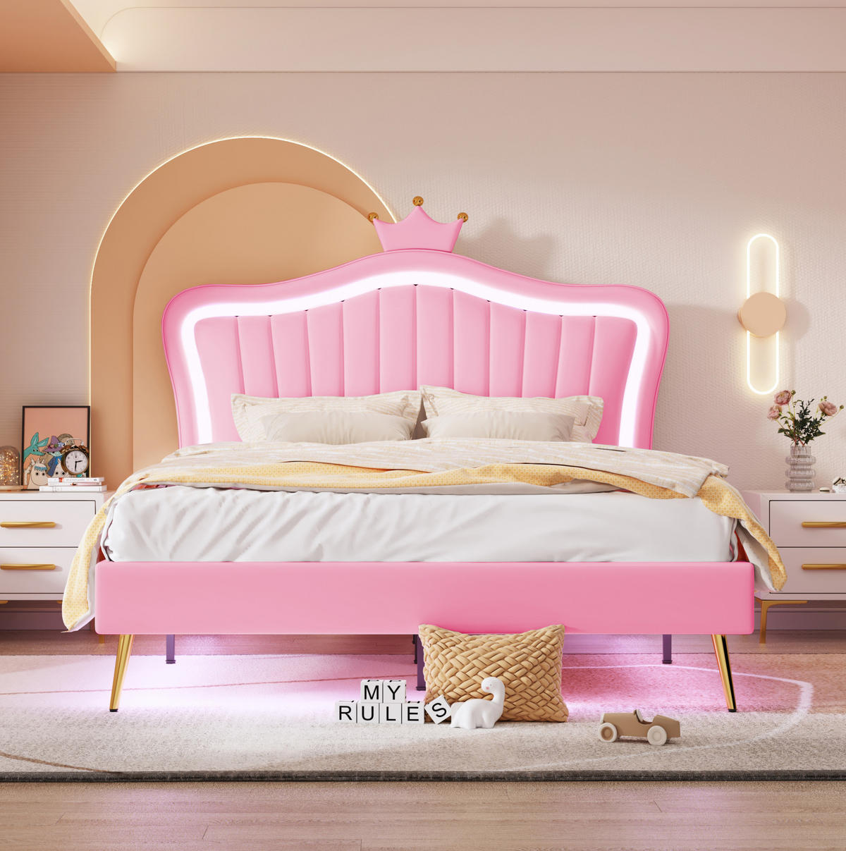 KINDERBETT 140/200 cm mit LED-Beleuchtung, verstellbarem Kopfteil und Lattenrost in Muschelform, Rosa/Weiß - Pink, Textil (140/200cm) - Redom