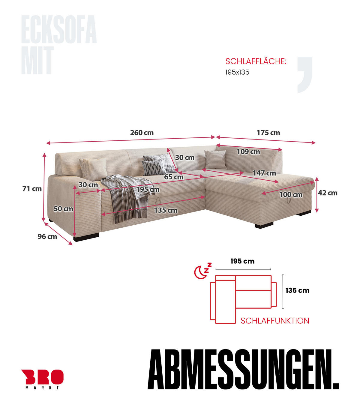 ECKSOFA mit Schlaffunktion Cordstoff MILENZO Puderrosa Rechts - Rosa, Holz (260/175cm) - Bromarkt