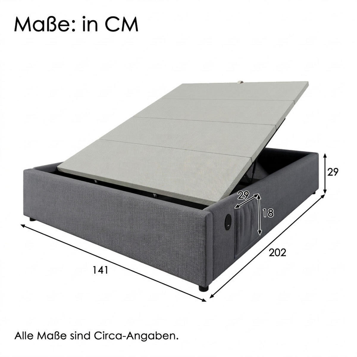 POLSTERBETT 140/200 cm Grau mit USB- C, Ohne Kopfteil - Grau, Textil (140/200cm) - Oxeza