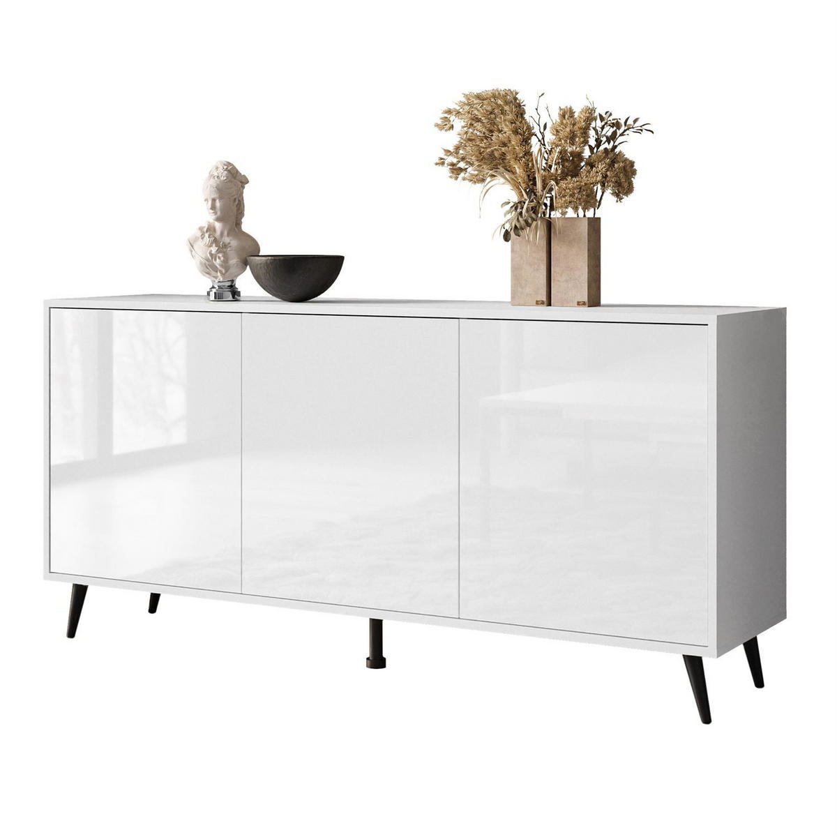 SIDEBOARDS SANAYI auf schwarzen Beinen, Hochglanz Weiß/Schwarze Beine - Schwarz/Weiß, Holzwerkstoff (154/73/40cm) - Lookway