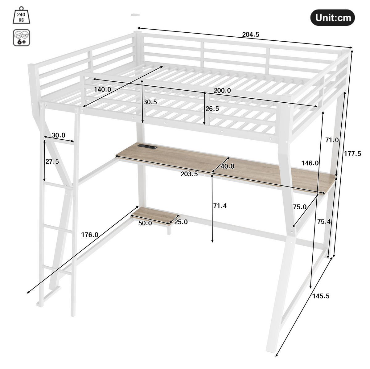 HOCHBETT 140/200 cm Weiß mit LED und Schreibtisch ohne Matratze - Weiß, Metall (140/200cm) - MIVRAY