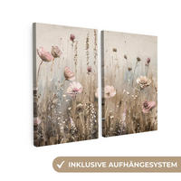 LEINWANDBILD 2er Set Blumen - Beige - Modern - Rosa 160x120 cm - Ecru, Textil (160/120cm) - MuchoWow