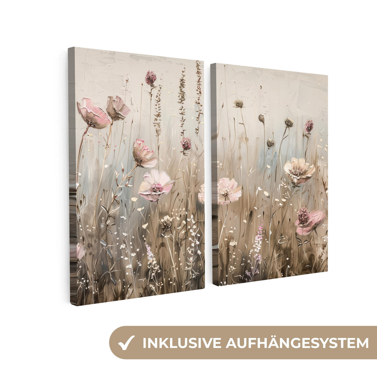 LEINWANDBILD 2er Set Blumen - Beige - Modern - Rosa 160x120 cm - Ecru, Textil (160/120cm) - MuchoWow