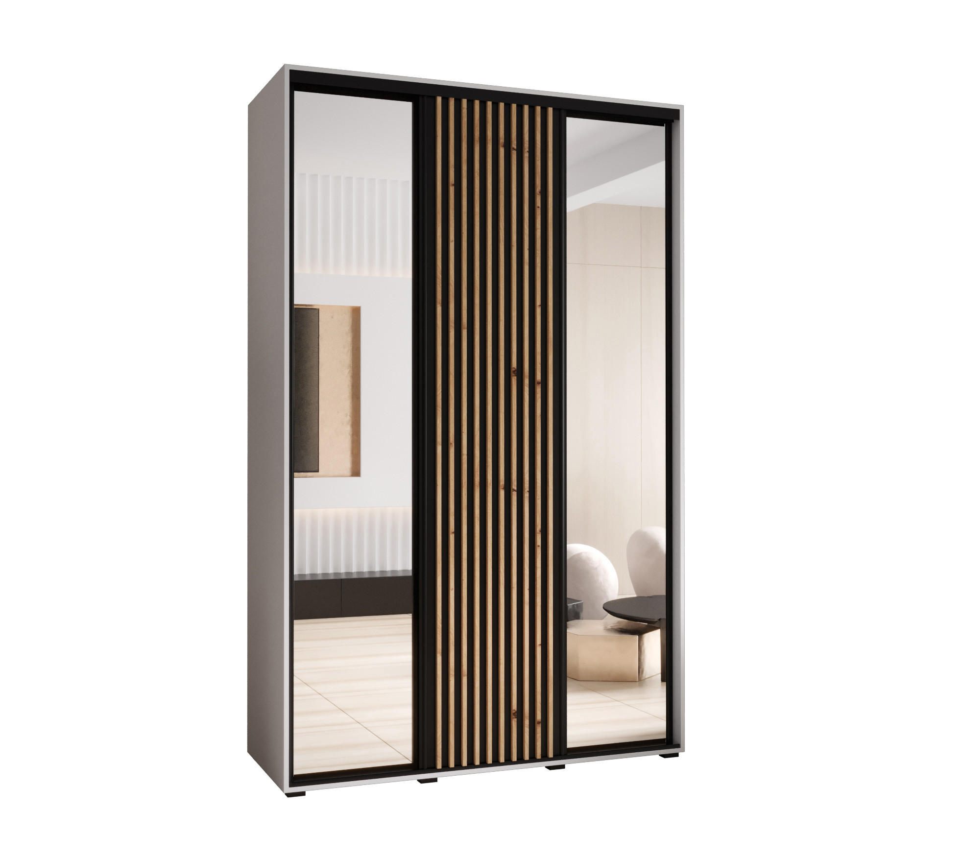 Abiks Möbel Schwebetürenschrank Weiß, Schwarz, Eiche Artisan 160x235x60 cm