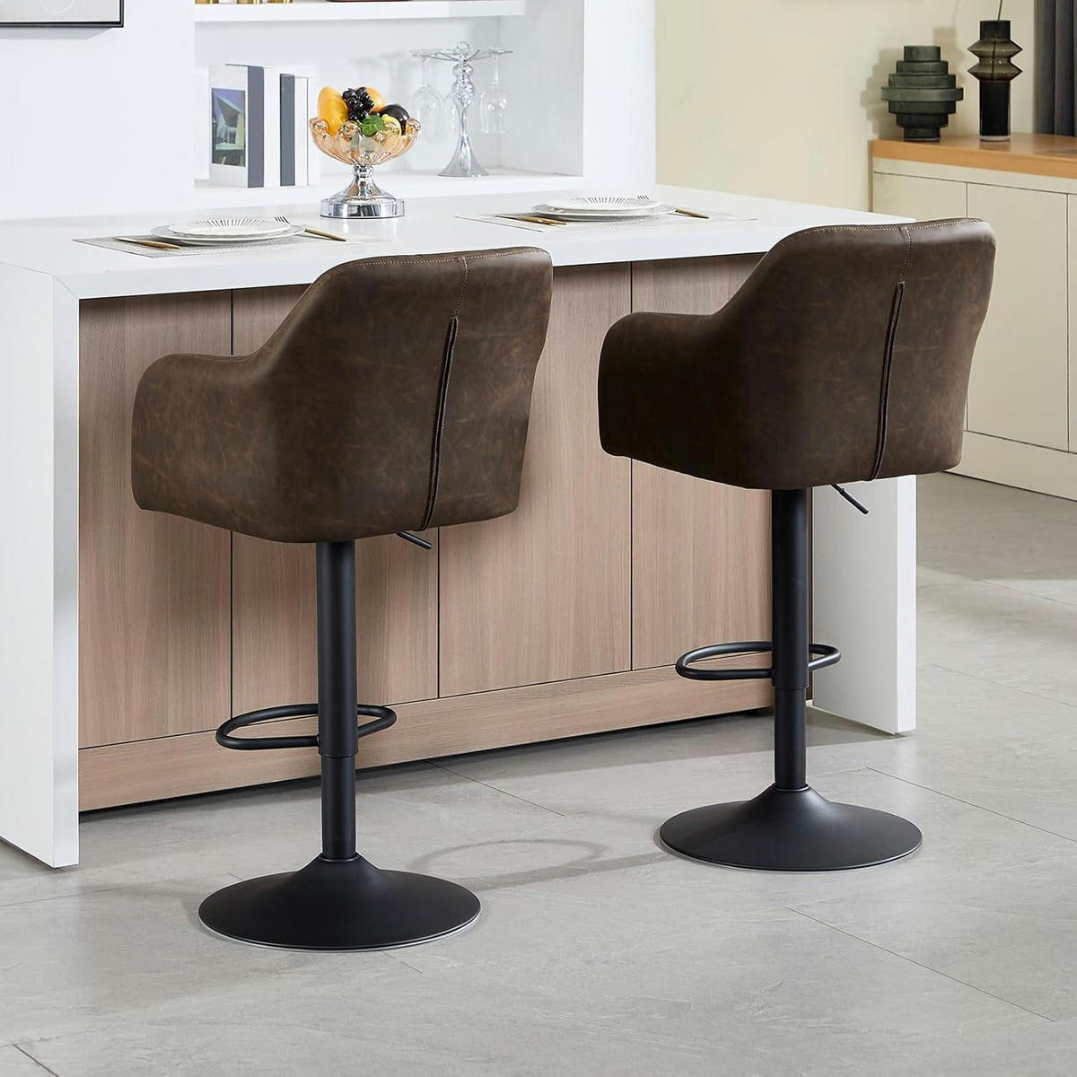 BARHOCKER 2er-Set höhenverstellbar Braun mit Armlehnen - Braun, Leder (56/116/41cm)