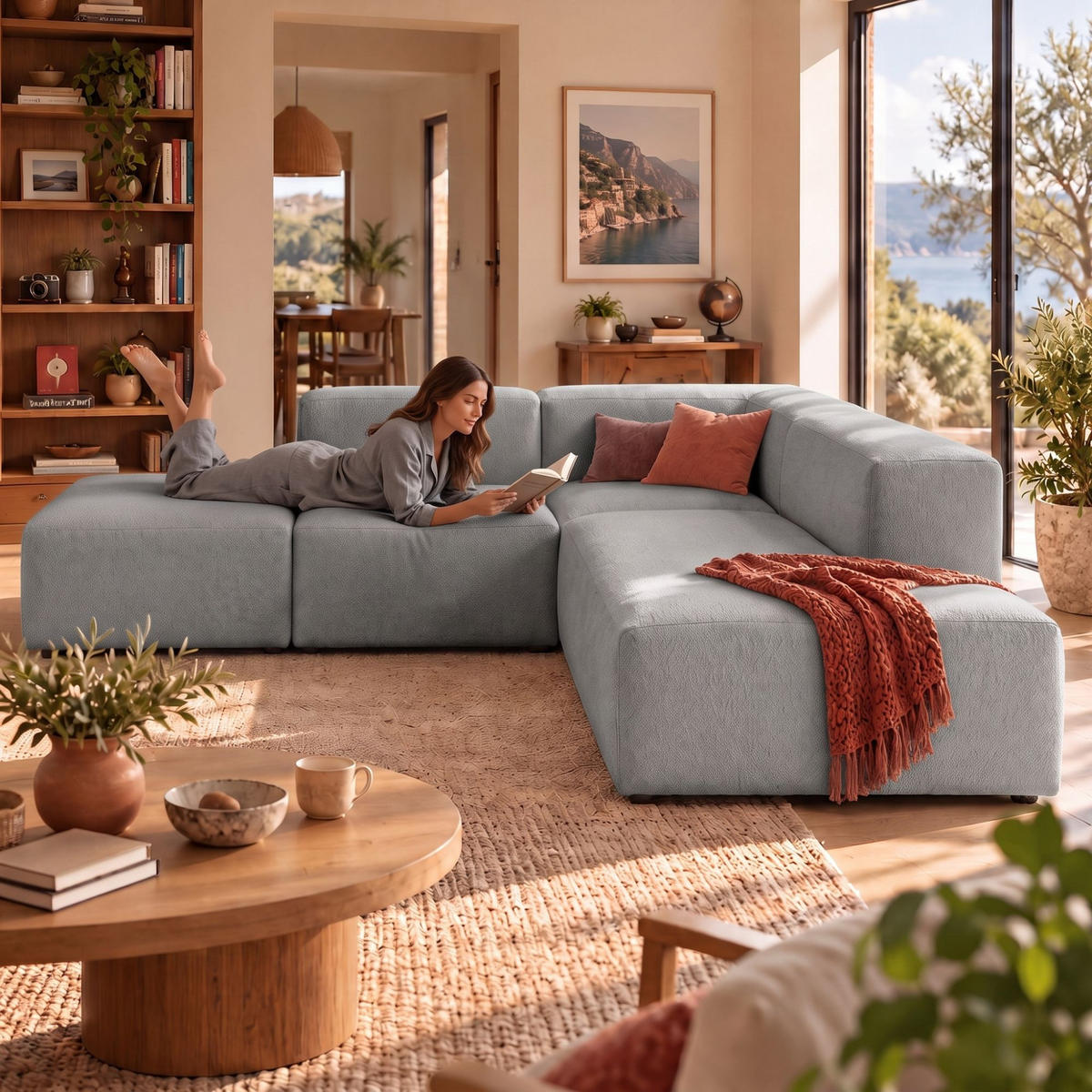 4-SITZER modulares Ecksofa HEAVEN SET 3 Rechts, Breite 270 cm Webstoff Grau - Schwarz/Grau, Holz/Kunststoff (270/245cm) - Muffo