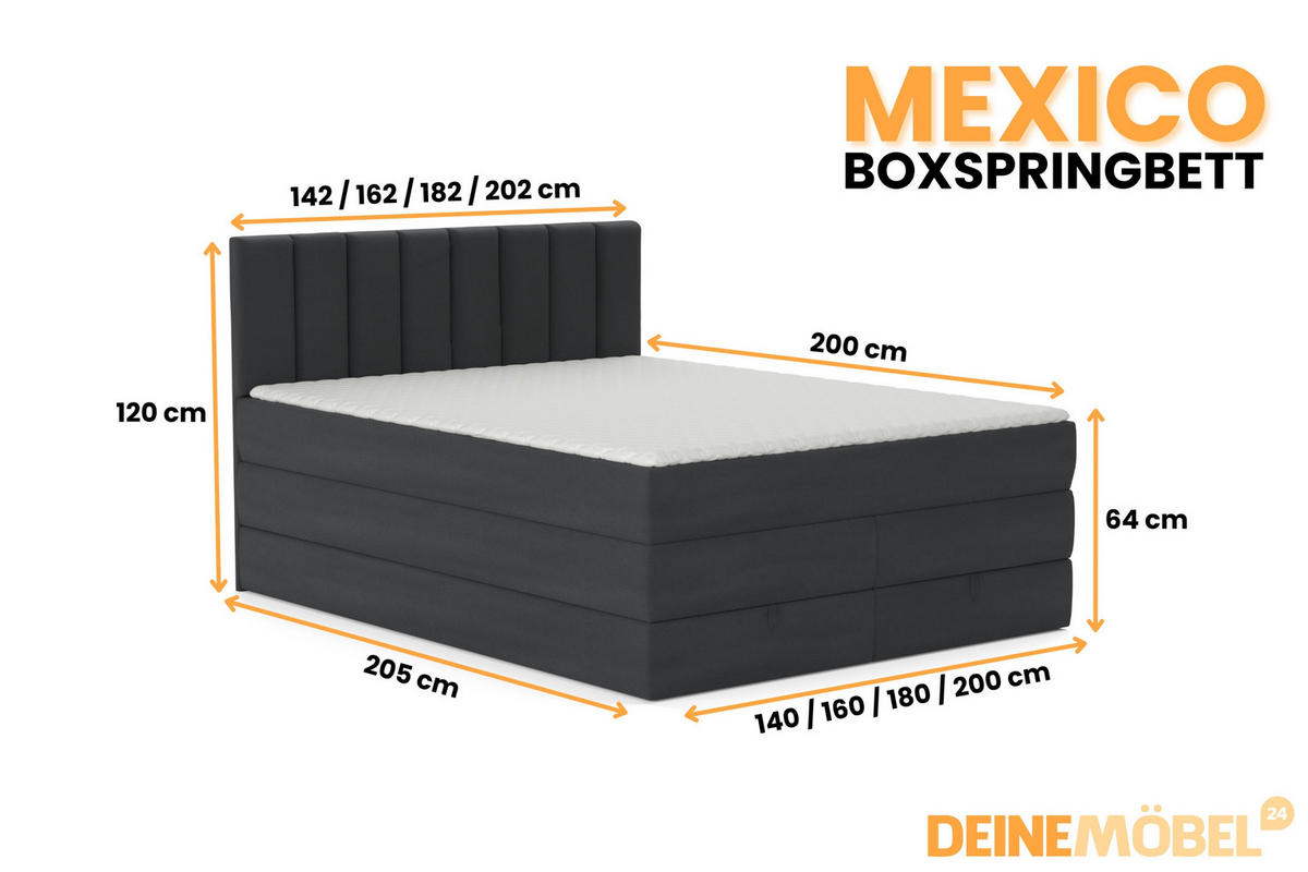 BOXBETT MEXICO 160/200 in Velours Anthrazit mit Doppelmatratze - Anthrazit, Holz/Holzwerkstoff (160/200cm) - Deine Möbel 24