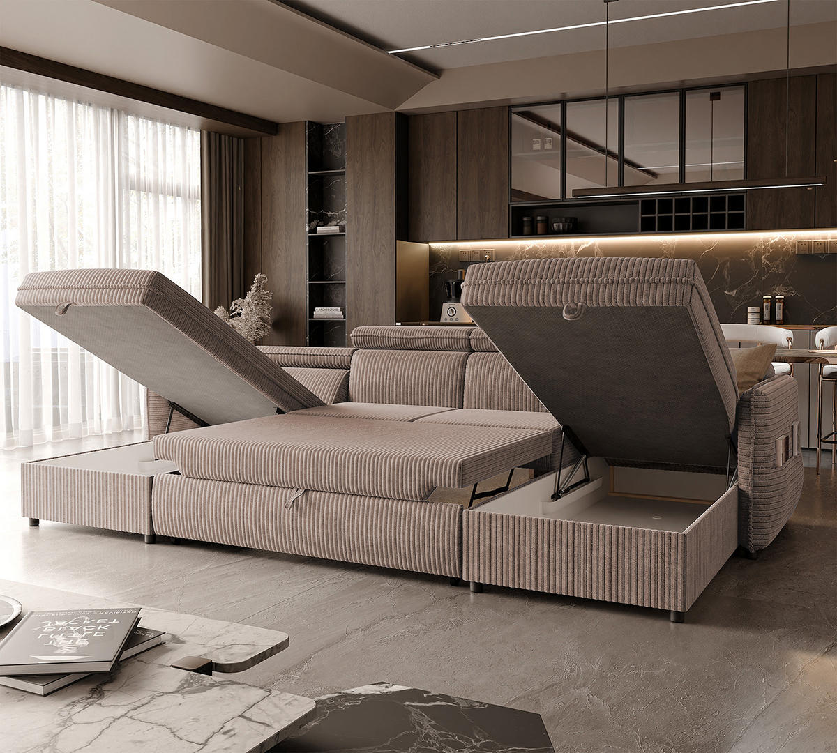 WOHNLANDSCHAFT U-Form Beni mit Schlaffunktion, Cord-Stoff Poso 02 Hellbraun - Hellbraun, Holzwerkstoff (286/60/166cm) - Idohome