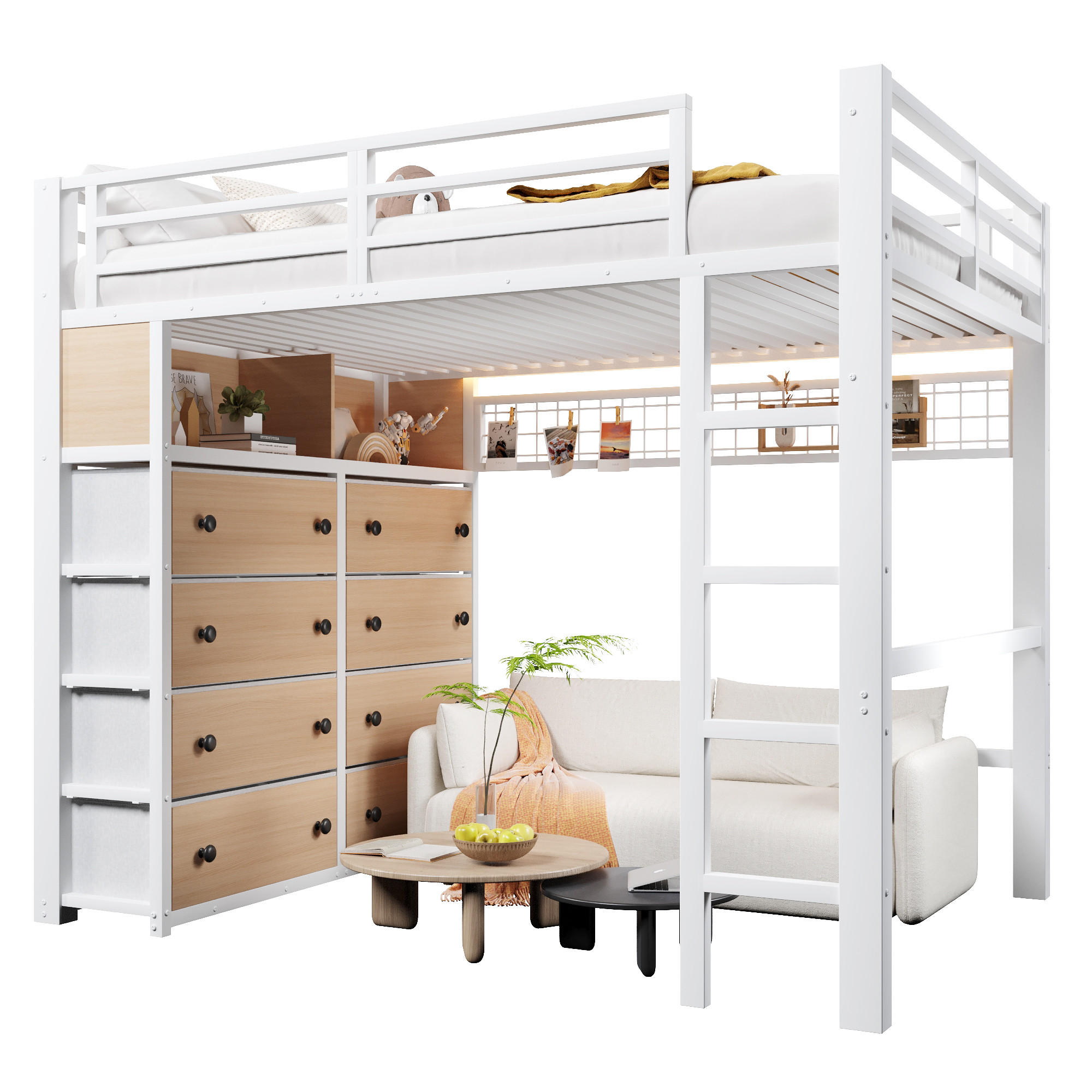 HOCHBETT 140/200 cm in Weiß mit 8 Schubladen, LED, Regalen und Lochwand - Weiß, Holzwerkstoff/Metall (140/200cm) - WISHDOR