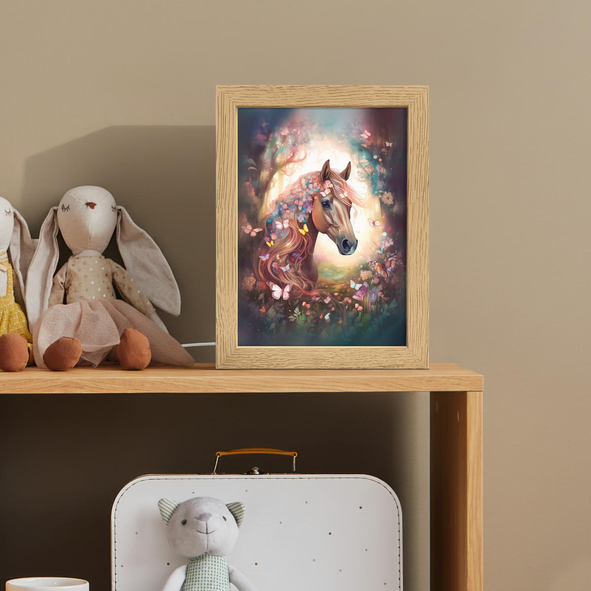 NACHTTISCHLAMPE Pferd - Natur - Blumen - Schmetterlinge - Wald 15x20 cm - Dunkelbraun, Holzwerkstoff (8/15/20cm)