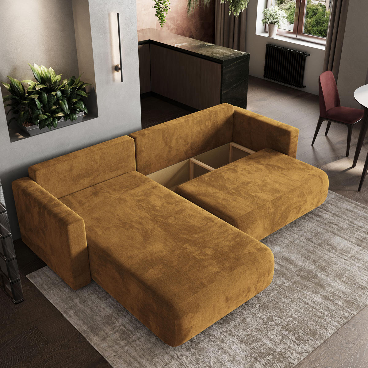 ROHOVÁ SEDAČKA TURIN žlutá - šedá/žlutá, dřevo/textil (265/183cm) - MASSENO