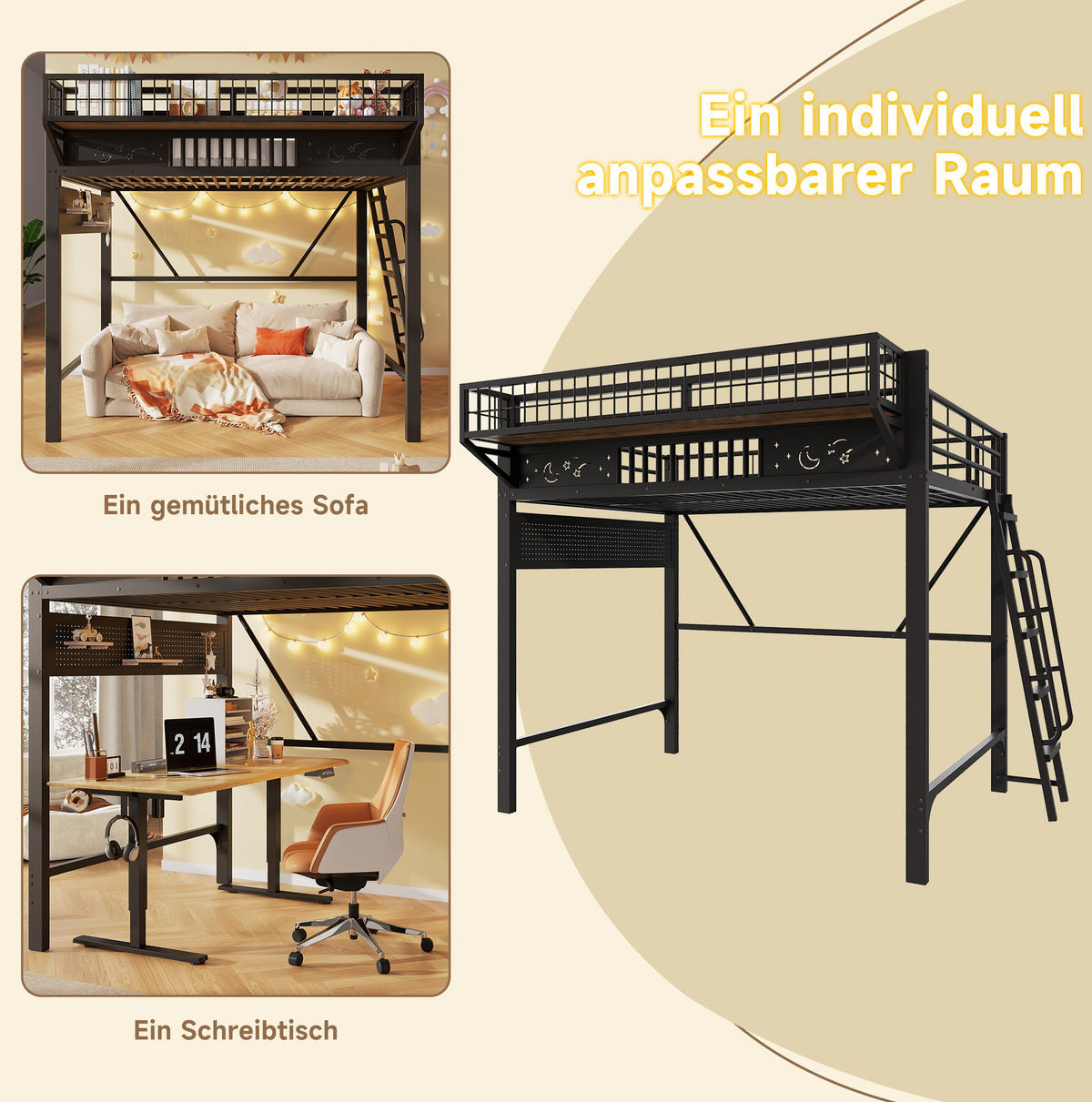 HOCHBETT aus Metall 140x200 cm Schwarz mit Staufächern und flexibel montierbarer Treppe - Schwarz, Metall (140/200cm) - Modfu