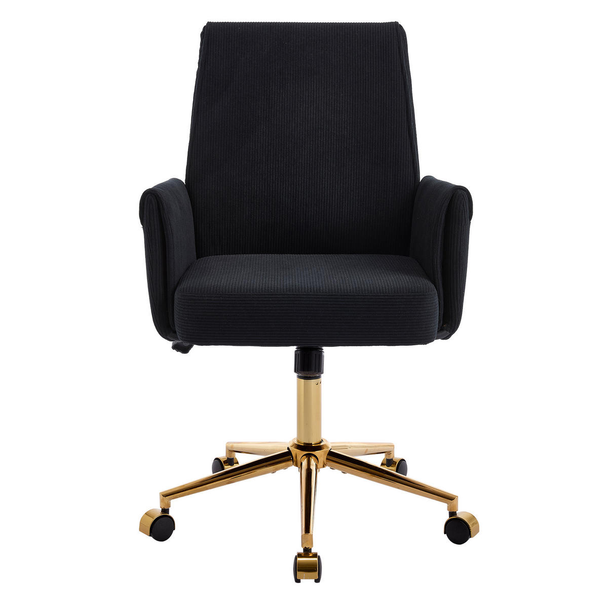 DREHSTUHL 64/61/107 cm schwarz aus Cord mit ergonomischer Rückenlehne und goldfarbenem Metallgestell - Schwarz, Textil (61/107/64cm) - OKWISH