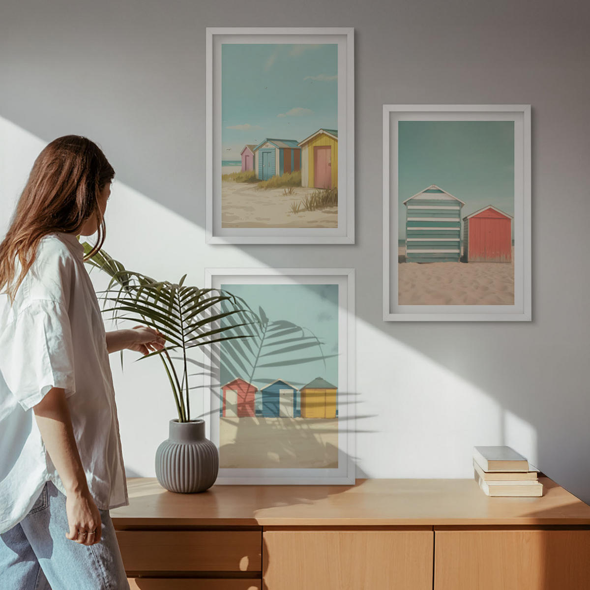 WANDBILDER 3er-Set - 40x60 cm Weißer Rahmen - Bunte Häuser, Strand, Sonne - Weiß, Kunststoff (40/60cm) - ArtPrintCave