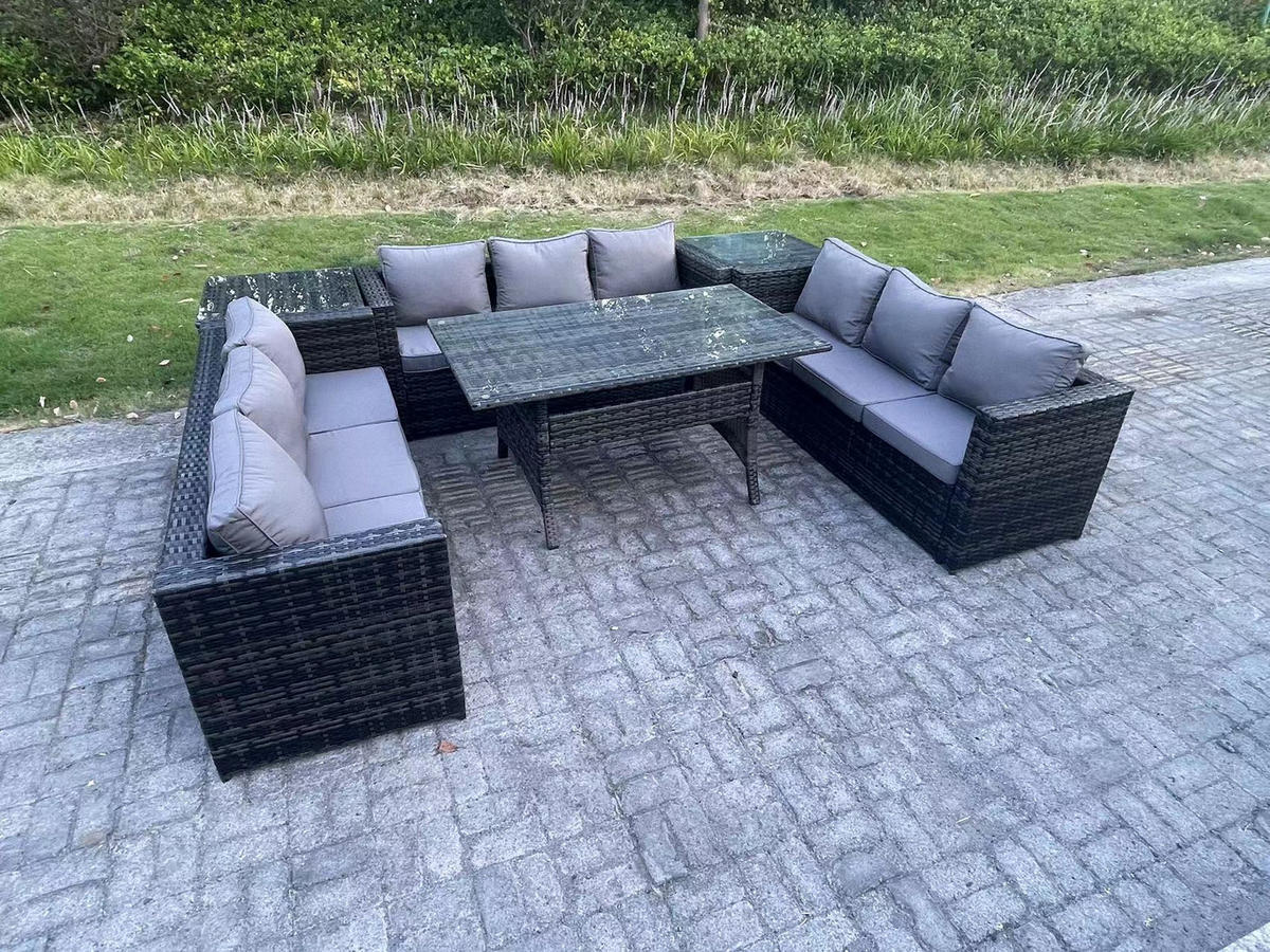 GARTENMÖBEL SET mit Beistelltischen,Esstisch Polyrattan 9-Sitzer - Dunkelgrau/Grau, Glas/Kunststoff - Fimous