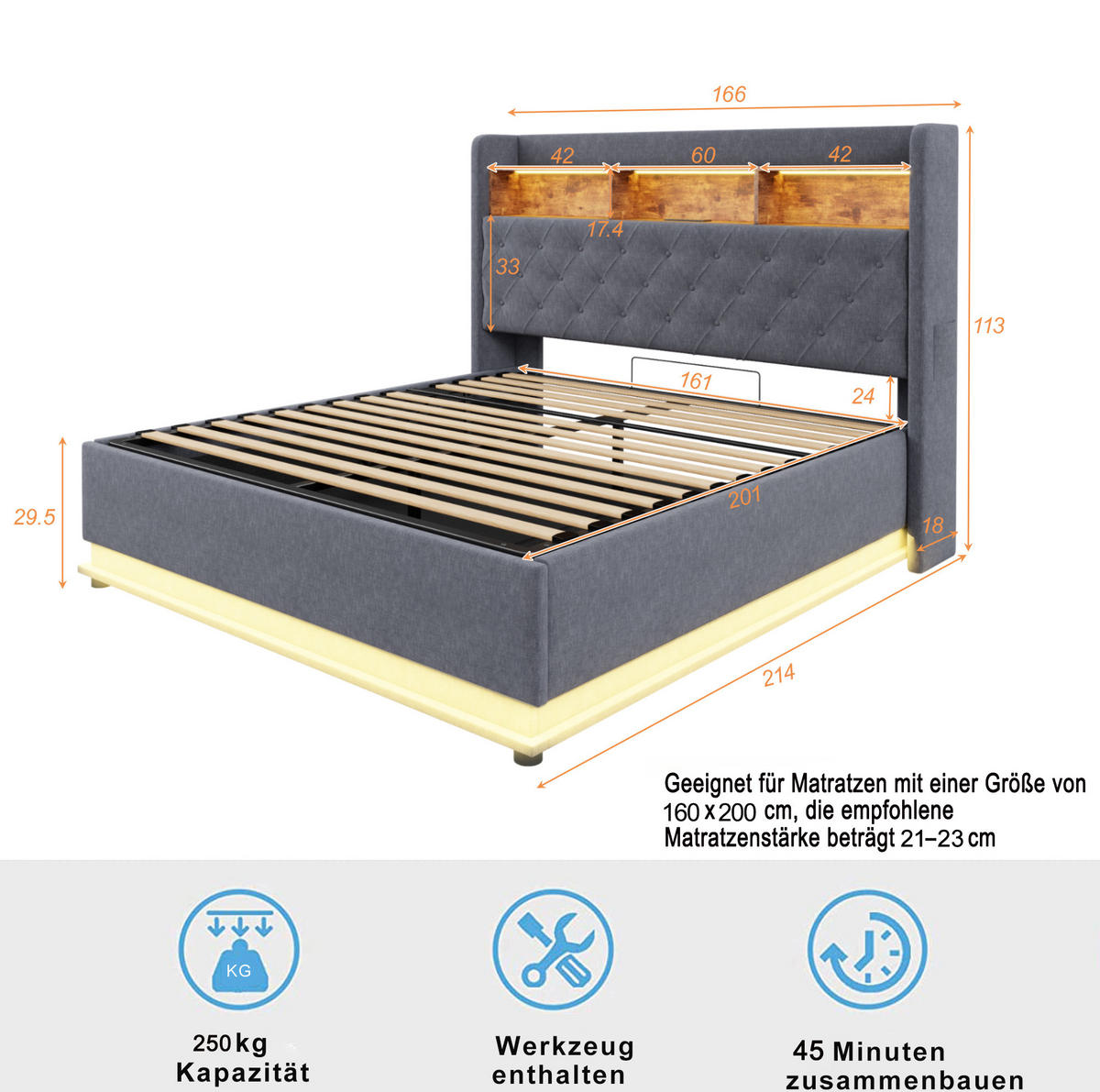 POLSTERBETT mit LED-Beleuchtung 160/200 cm mit Bettkasten und USB-Anschluss - Grau, Textil (160/200cm) - BEAOK
