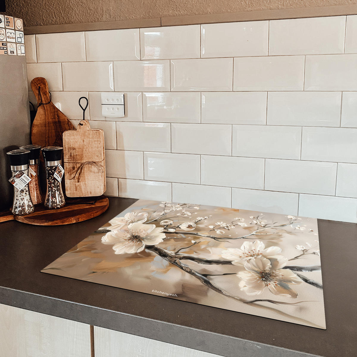 HERDABDECKPLATTE Blumen - Abstrakt - Gemalt - Beige 65x52 cm - Beige, Kunststoff (65/52/0.2cm) - MuchoWow