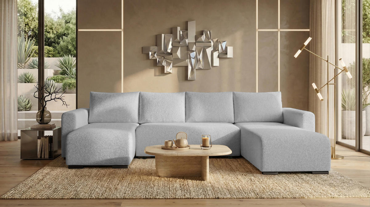 WOHNLANDSCHAFT DORA U mit Bettkasten und Schlaffunktion, U-Form, bequem - Grau, Textil (305/85/140cm) - Storez24