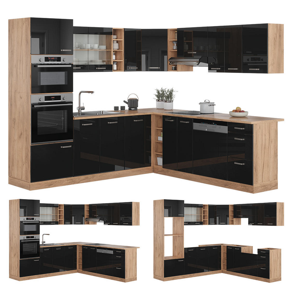 ECKKÜCHE R-Line Schwarz Hochglanz/Goldkraft Eiche 237 x 60 cm ohne AP - Schwarz Hochglanz/Eiche Wotan, Holzwerkstoff (247/81.6/46cm) - Vicco