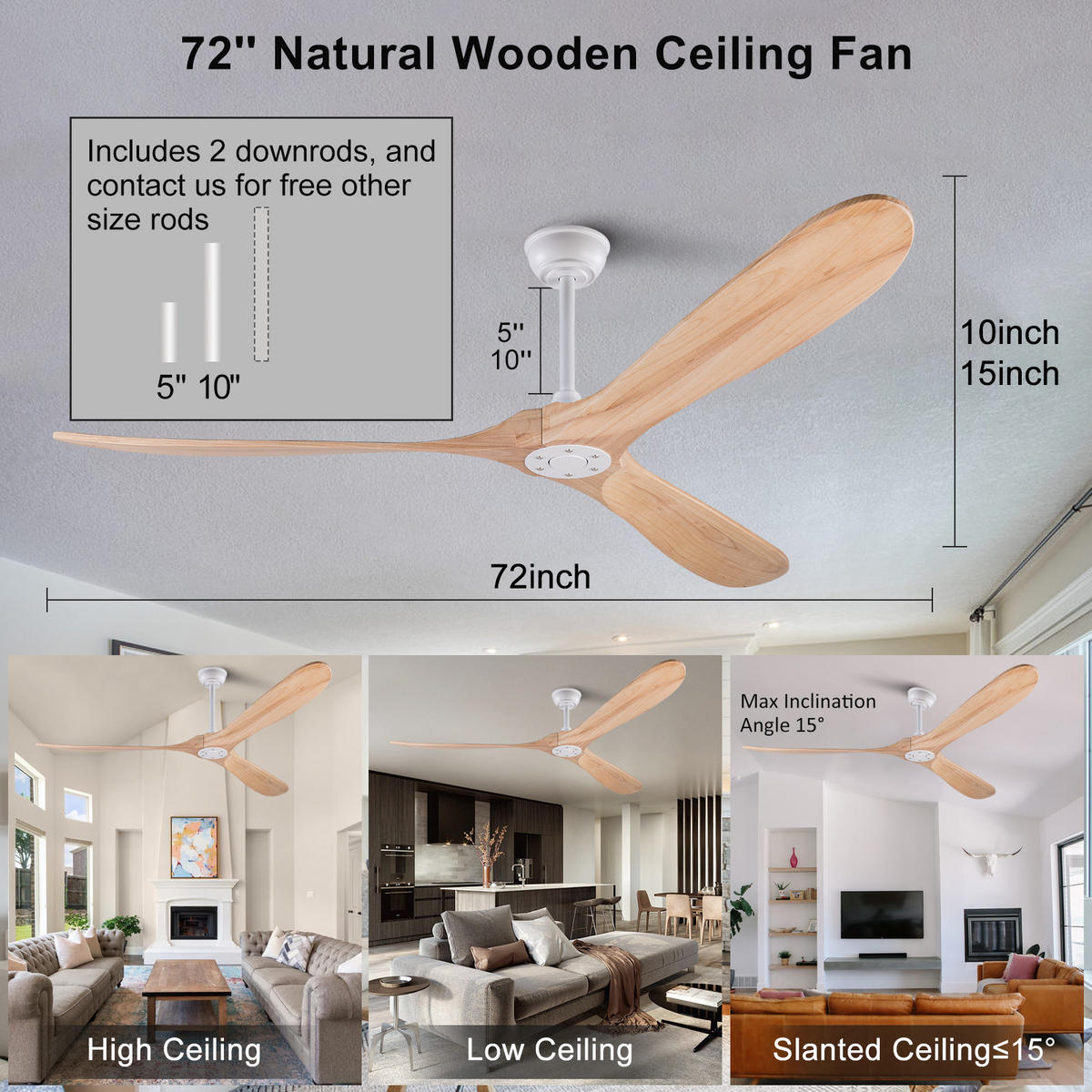 DECKENVENTILATOR 72Zoll Holz Ohne Licht Extra Groß Terrasse - Weiß, Kunststoff (183/183/32cm) - CASIVA