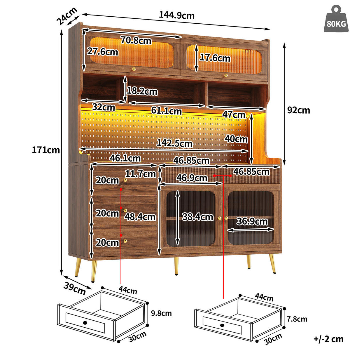 BUFFET 145/39/171 cm aus MDF und Glas mit LED-Beleuchtung Walnussfarben - Walnussfarben, Holzwerkstoff (145/171/39cm) - Modenvie
